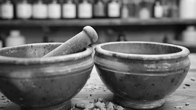 Two stone mortars with pestles and crushed herbs on a wooden surface. Suitable for materials on traditional medicine, cooking, natural spices, Ayurveda, and handmade medicines.
