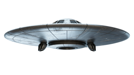 Mysterious silver flying saucer with detailed metallic surface and observation dome, ready for sci-fi exploration or alien encounter narratives.