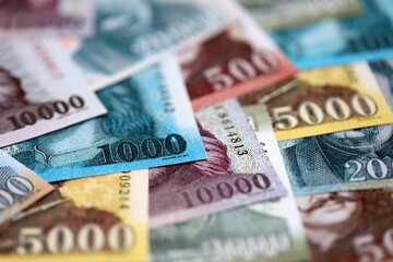 Hungarian Forints currency money bills in big amount. Pile of HUF currency banknotes with different denomination close up