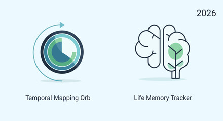 Vector icon pack depicting future technology concepts temporal mapping and life memory tracking, ideal for modern digital interfaces and cognitive data visualizations
