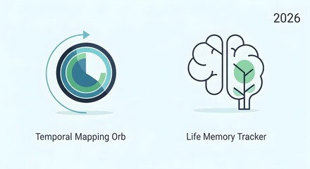 Contemporary flat vector icon pack for 2026, representing advanced concepts of time processing and cognitive memory enhancement in a clean futuristic style