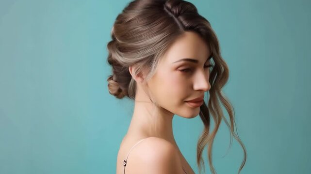 Elegant women's hairstyle with a bundle on the head, back view, blonde hair with melting, gentle background. Hairdressers portfolios, beauty salon adverts, style and hair care blogs, hairstyling tutor