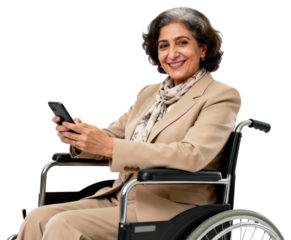 Smiling Mature Woman in Wheelchair Using Smartphone