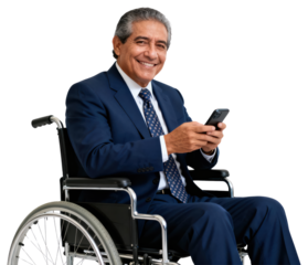 Smiling Mature Businessman in Wheelchair Using Mobile Phone