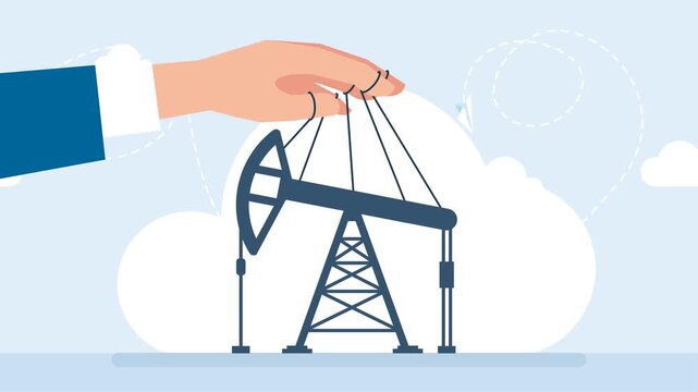 The influence of politics or business on oil production. Businessman, politician manipulates oil rig like a puppeteer. Petroleum industry business. Mining of black gold. 2d flat animation