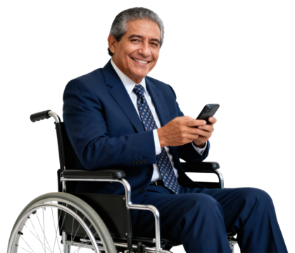 Smiling Mature Businessman in Wheelchair Using Mobile Phone - Powered by Adobe