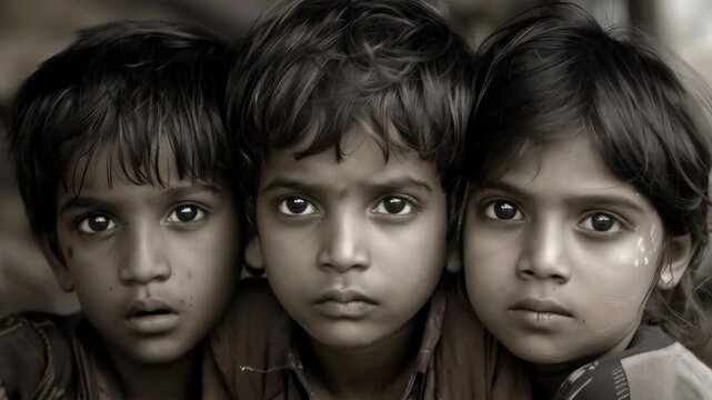 Three children with serious expressions look at the camera in a black-and-white photograph. Suitable for content about childhood, social issues, charity, or emotional stories about life in difficult c
