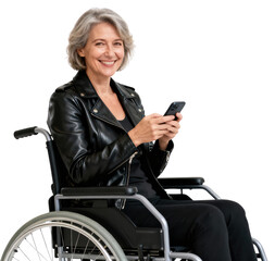 Smiling Mature Woman in Wheelchair Uses Smartphone, Isolated on White. Black Leather Jacket, Gray Hair, Positive Attitude, Accessibility Concept