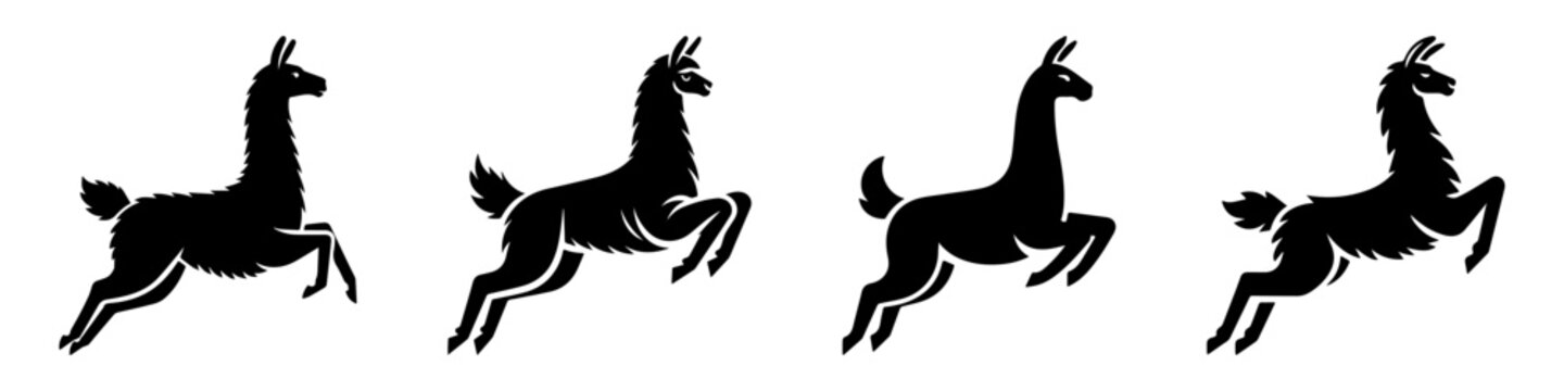 Jumping Llamas Silhouette Black and White Illustration.