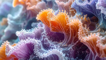 Abstract, close-up of flowing organic forms rendered with intricate details, creating a vibrant interplay of colors