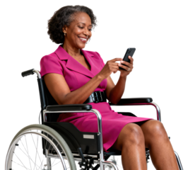 Smiling Senior African American Woman in Wheelchair Using Phone
