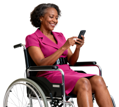 Smiling Senior African American Woman in Wheelchair Using Phone
