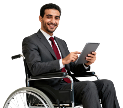 Happy Businessman in Wheelchair Using Tablet on White