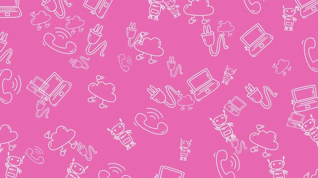 Kawaii technology doodle background pink cute robots, cloud, connectivity, wallpaper