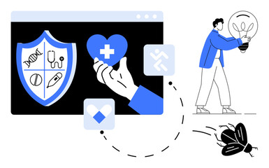 Heart with medical cross, shield with DNA and pills, human holding light bulb. Dashed arrow connects healthcare and idea generation concepts. Ideal for innovation, medical solutions, health, safety