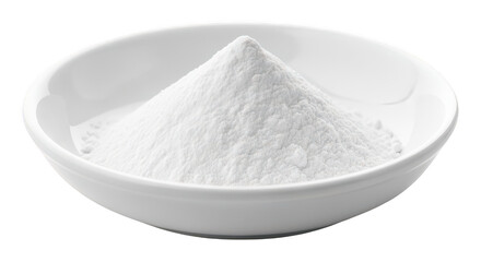 White Powder Pile in a Ceramic Bowl: Baking Ingredient, Chemical Substance, Isolated on White, Ingredient, Minimalism, Food Preparation