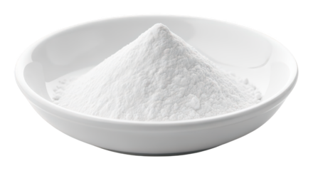 White Powder Pile in a Ceramic Bowl: Baking Ingredient, Chemical Substance, Isolated on White, Ingredient, Minimalism, Food Preparation