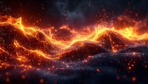 An abstract depiction of fiery energy, shaped like rolling waves. Brilliant orange and gold particles illuminate a dark, smoky background