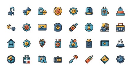 Fototapeta premium Essential flat vector icon pack featuring diverse interface elements, security symbols, tools, and settings. Perfect for modern digital applications and general management