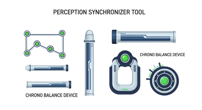 Flat vector illustration pack of futuristic technology tools, including conceptual synchronizers and advanced balance devices, rendered on a clean white background