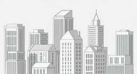 Fototapeta premium Minimalist cityscape illustration with modern buildings and clean line art style