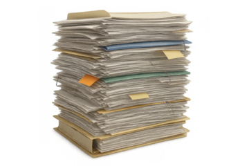 Stack of old papers, folders, and documents, representing bureaucracy, overload, and organization work management