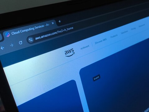 Rudny, Kazakhstan - October 20, 2025. AWS on a laptop close-up. Amazon web services