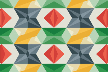 Geometric pattern featuring diamonds hexagons and trapezoids in shades of red green yellow and gray