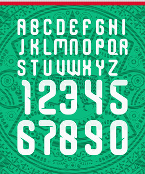Aztec sports font with bold modular shapes and dynamic energy. Designed for football jerseys, posters, and athletic branding projects inspired by modern Mexican visual culture