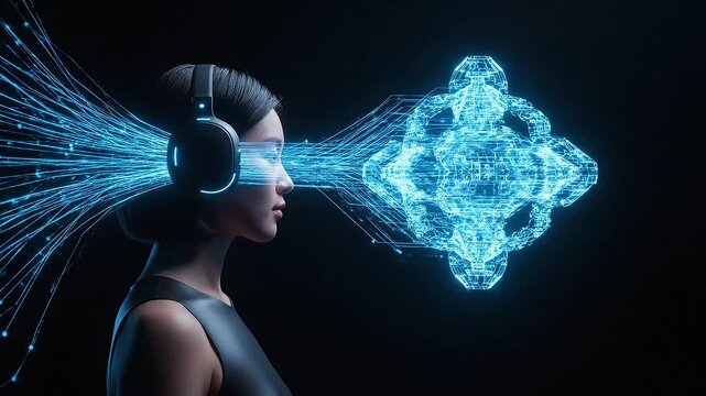 Immersive Neural Interface Experience, Futuristic Woman with Fiber Optic Data Streams and Augmented Reality Concept