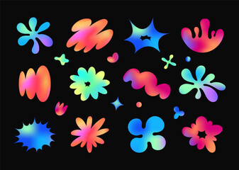 Groovy blob set. Vector collection of funky star shapes, clouds, organic curves and flowers in gradient vibrant neon colors. Liquid form for web design, game, digital art. Flow textures. Fluid pattern