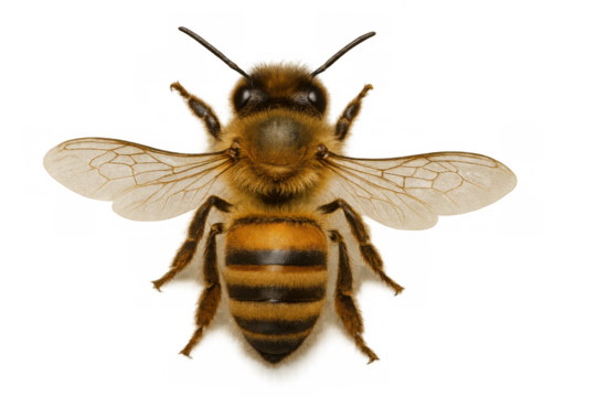 Honey bee isolated on transparent background, showing detailed macro view for nature, ecology, and pollination concepts