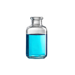 Clear glass bottle filled with vibrant blue liquid isolated studio shot