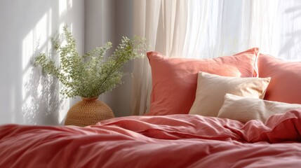 Bed with a red comforter and two pillows on it. the bed is in front of a window with white curtains. on the left side of the bed, there is a small vase with a bunch of green plants in it.