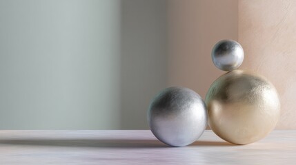 Three spherical objects on a wooden surface. the objects are arranged in a triangular formation, with the largest object in the center and two smaller spheres on either side.