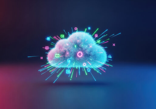Abstract glowing cloud with digital data and icons emanating outwards
