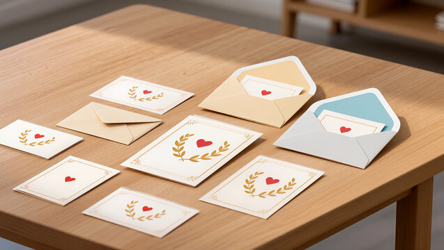 Creative love letters arranged on a cozy wooden table