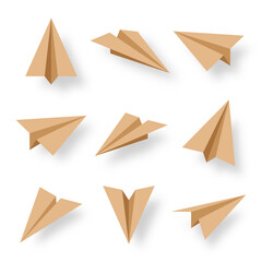 Realistic handmade paper planes collection on transparent background. Origami aircraft in flat style. Vector illustration.