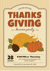 Thanksgiving dinner party invitation poster with hand-drawn elements