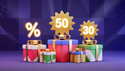 Colorful gifts with discount signs celebrating a special occasion