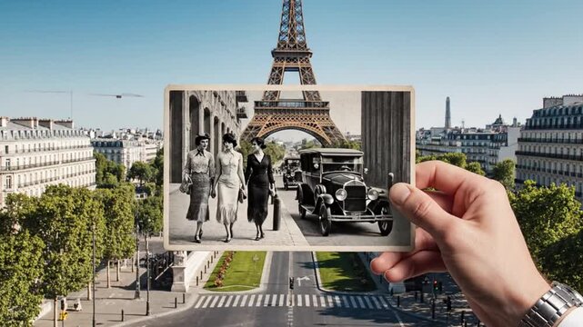 Hand holding vintage black and white postcard against modern backdrop, showcasing street life from 100 years ago
