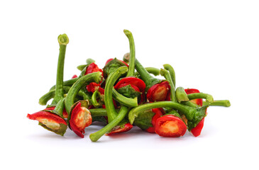 Cut red chili pepper stems isolated on white background.