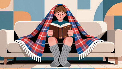 Boy reading under a cozy blanket on a rainy day at home