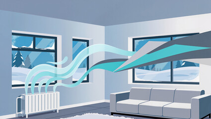 Fototapeta premium Warm air flows into a cozy room during a snowy winter day