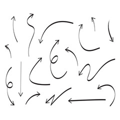 Collection of hand drawn black arrows pointing in various directions presented