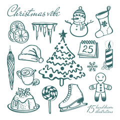 Christmas vibe hand drawn vector illustrations. Vector set with Christmas elements.