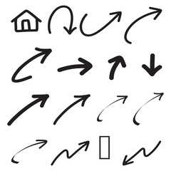 Collection of hand drawn arrows and a simple house icon illustration