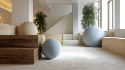 Modern and minimalist interior space with a wooden floor and white walls. on the left side of the image, there is a wooden staircase with a beige-colored ball on top.