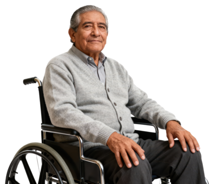 Senior Man in Wheelchair Smiling - White Background