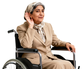 Senior Woman in Wheelchair Listening, Isolated on White